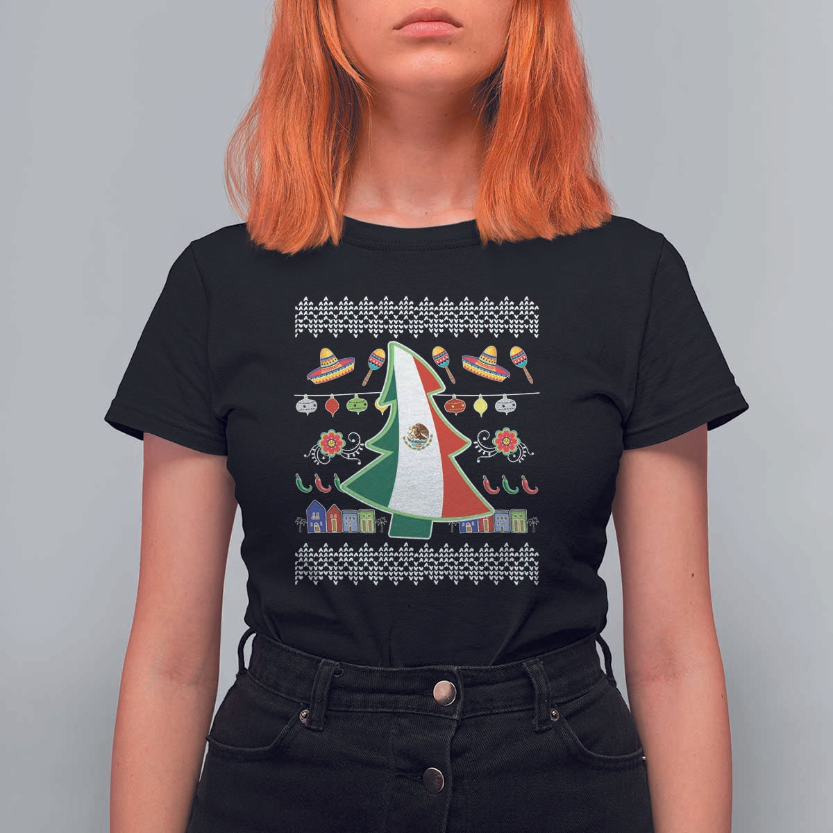 Mexican Christmas T Shirt For Women Mexico Flag Xmas Tree Ugly Sweater