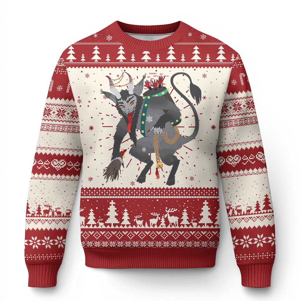 Red and cream ugly Christmas sweater with Krampus graphic, snowflakes, and fair isle border