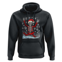 Black Christmas hoodie with dancing skeleton graphic, Santa hat, red accents, front pocket