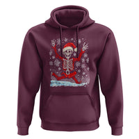 Maroon Christmas hoodie with dancing skeleton graphic, Santa hat, red accents, front pocket