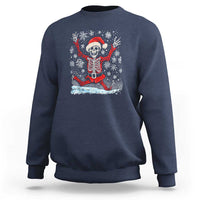 Navy Christmas sweatshirt with dancing skeleton Santa graphic on the chest
