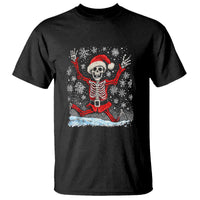 Black Christmas skeleton dance graphic t-shirt with red hat and snowy falling flakes