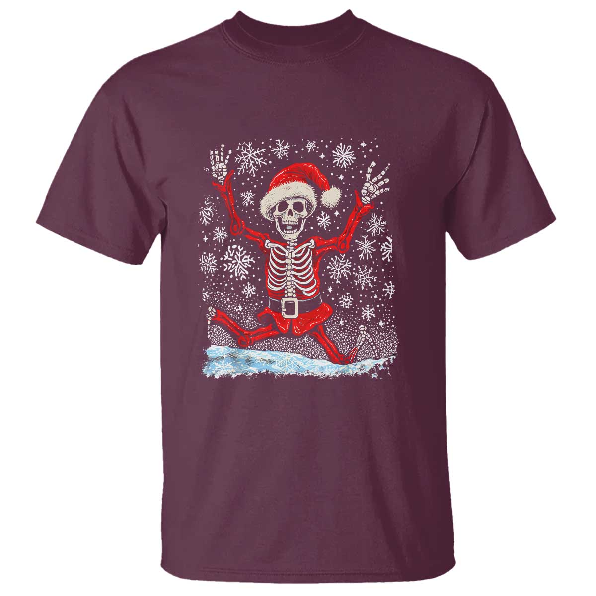 Maroon Christmas skeleton dance graphic t-shirt with red hat and snowy falling flakes
