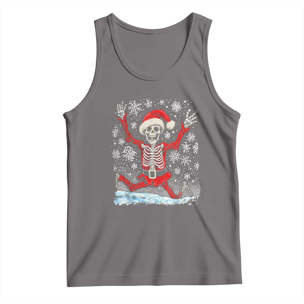 Gray Christmas tank top with dancing skeleton Santa graphic