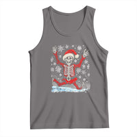 Gray Christmas tank top with dancing skeleton Santa graphic