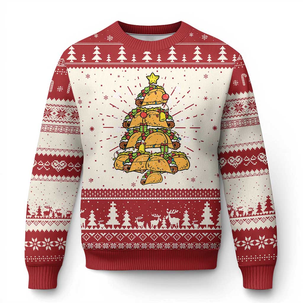 White and red taco-themed ugly Christmas sweater, long sleeves, holiday fair isle design