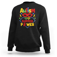 Black autism sweatshirt with colorful 'Super Power' front graphic, crewneck.