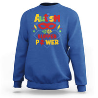Royal blue autism sweatshirt with colorful 'Super Power' front graphic, crewneck.