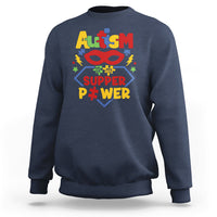 Navy autism sweatshirt with colorful 'Super Power' front graphic, crewneck.