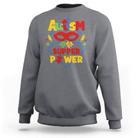 Charcoal gray autism sweatshirt with colorful 'Super Power' front graphic, crewneck.