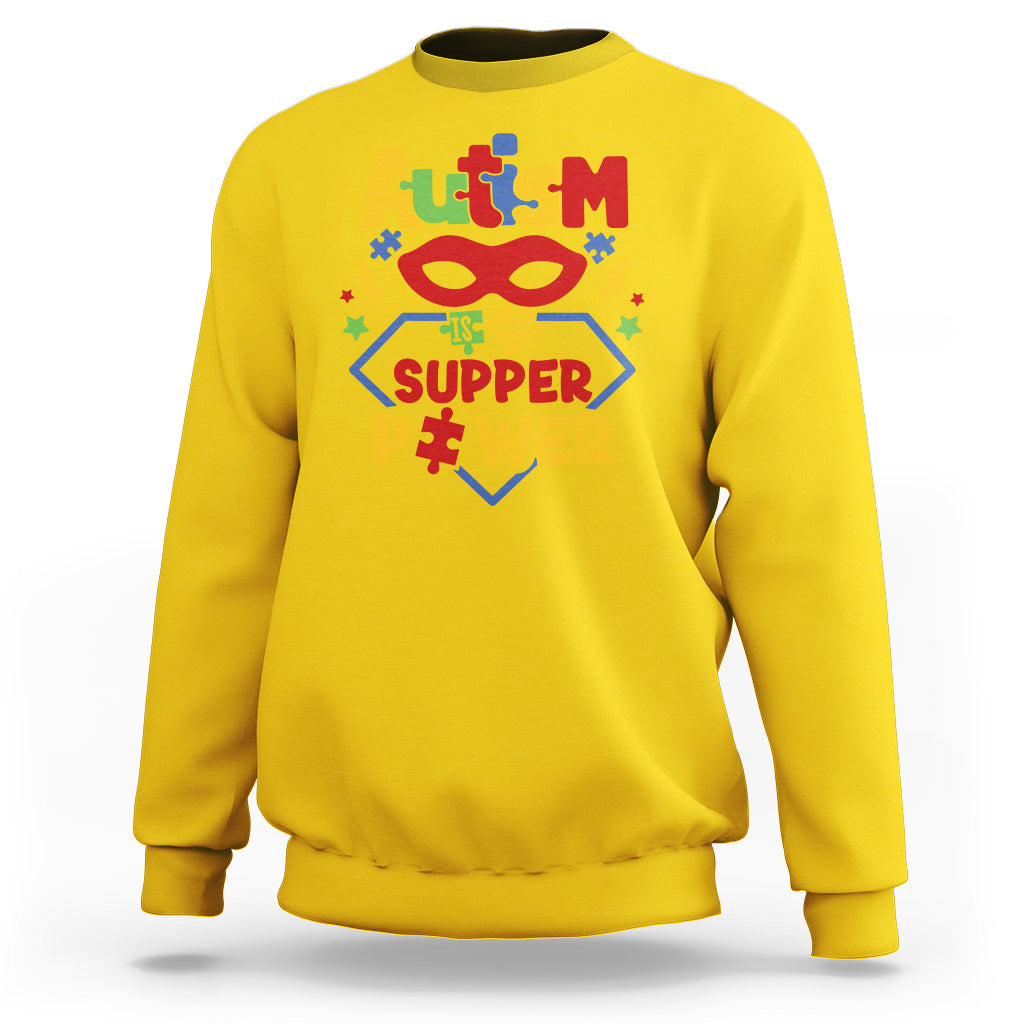 Daisy yellow autism sweatshirt with colorful 'Super Power' front graphic, crewneck.