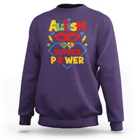 Purple autism sweatshirt with colorful 'Super Power' front graphic, crewneck.