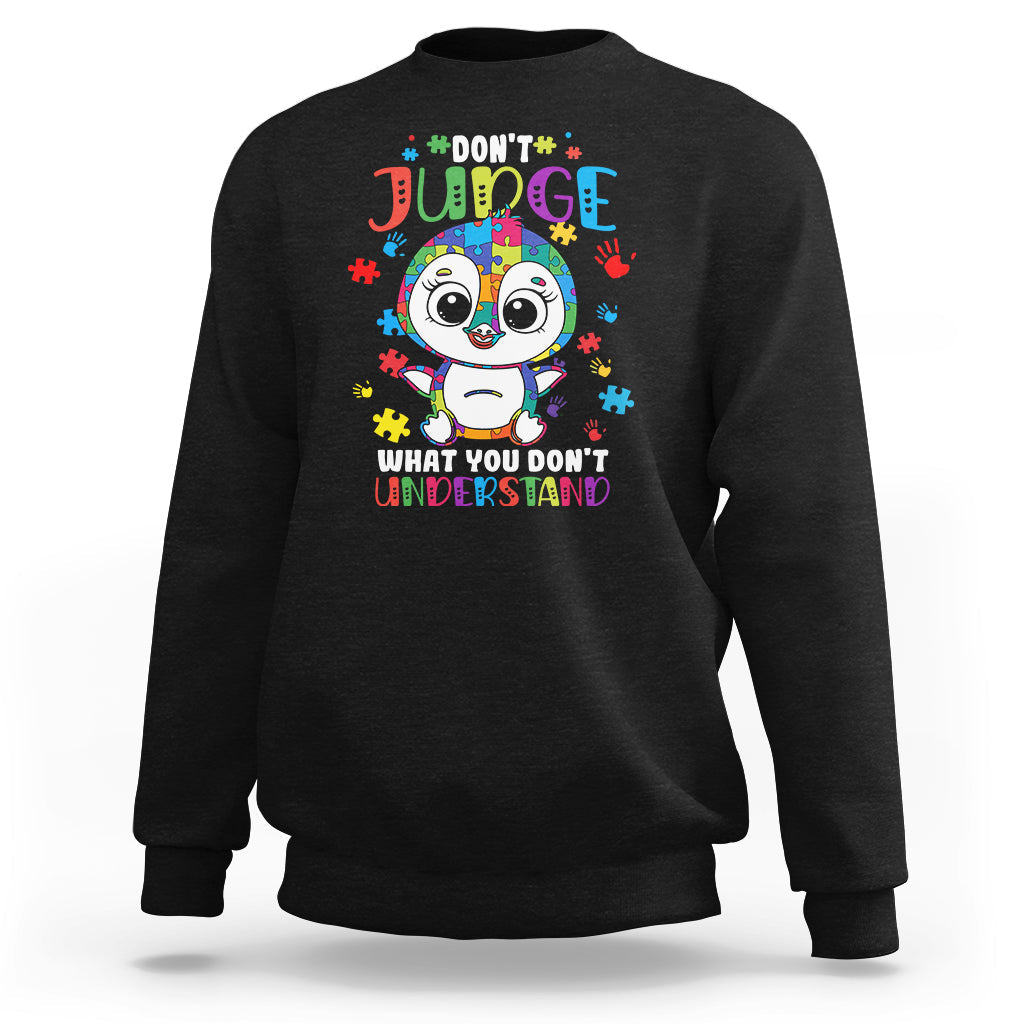 Autism awareness penguin sweatshirt, black with colorful penguin graphic and text