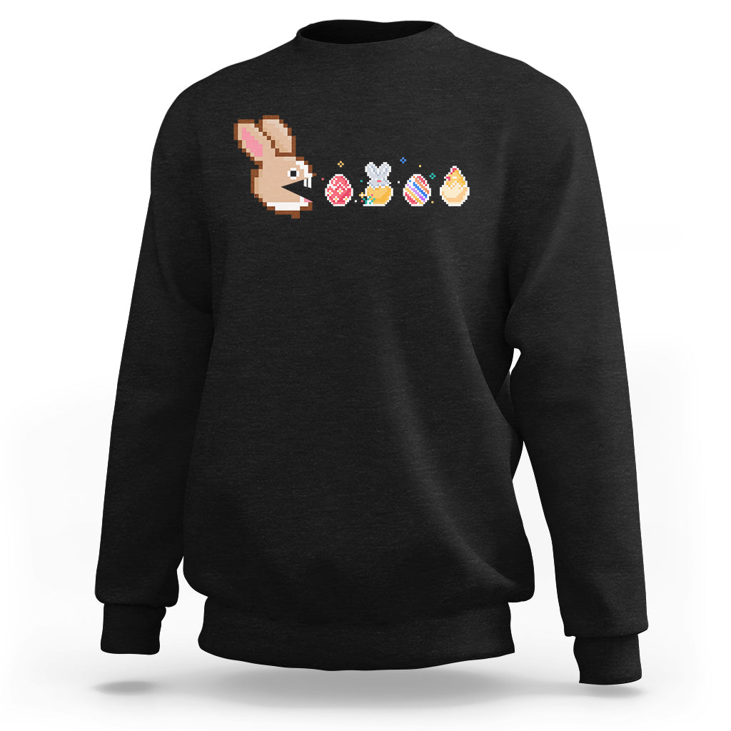 Black crewneck sweatshirt with pixel bunny and Easter eggs graphic across chest