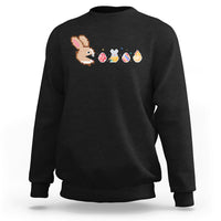 Black crewneck sweatshirt with pixel bunny and Easter eggs graphic across chest