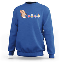Royal blue crewneck sweatshirt with pixel bunny and Easter eggs graphic across chest