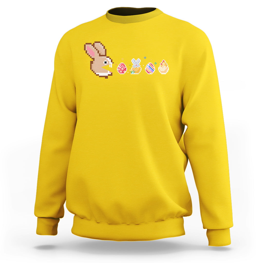 Daisy yellow crewneck sweatshirt with pixel bunny and Easter eggs graphic across chest