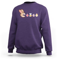 Purple crewneck sweatshirt with pixel bunny and Easter eggs graphic across chest