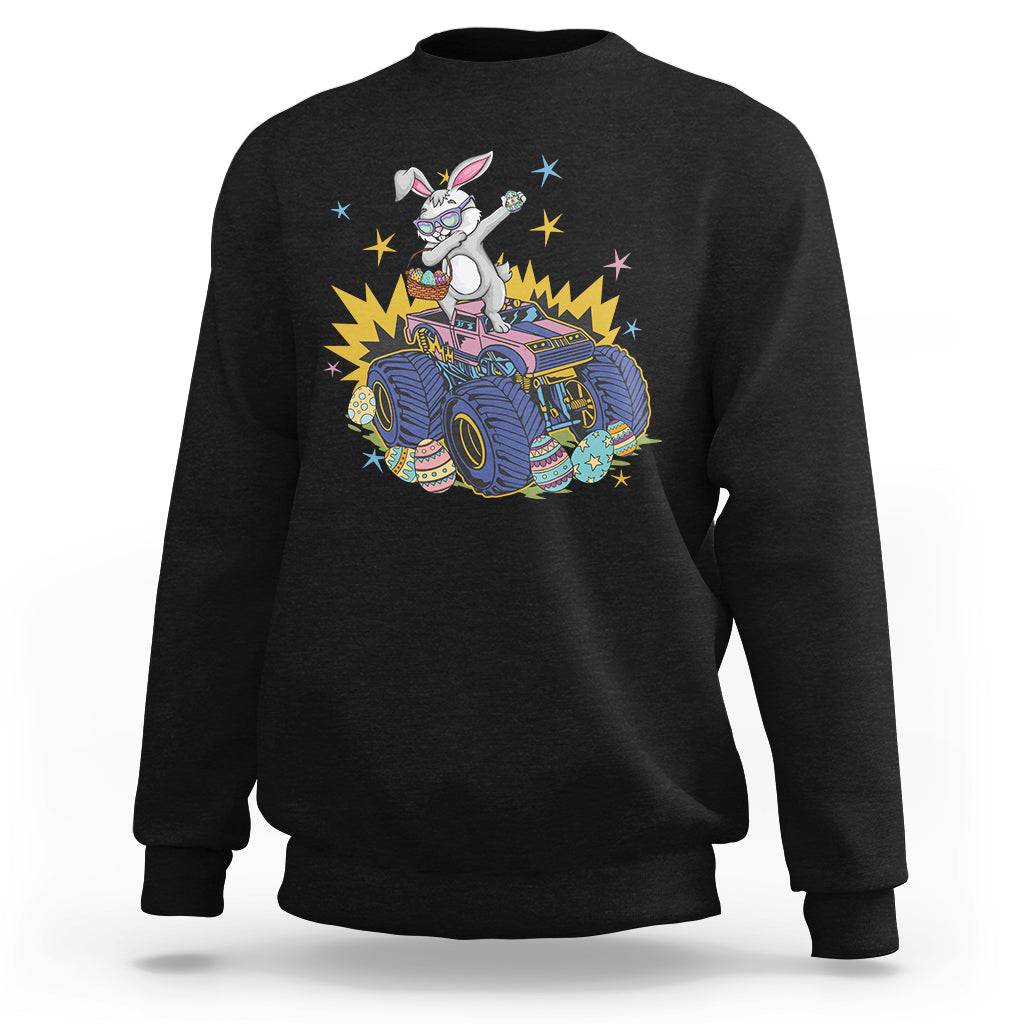 Black crewneck sweatshirt with dabbing bunny riding monster truck graphic