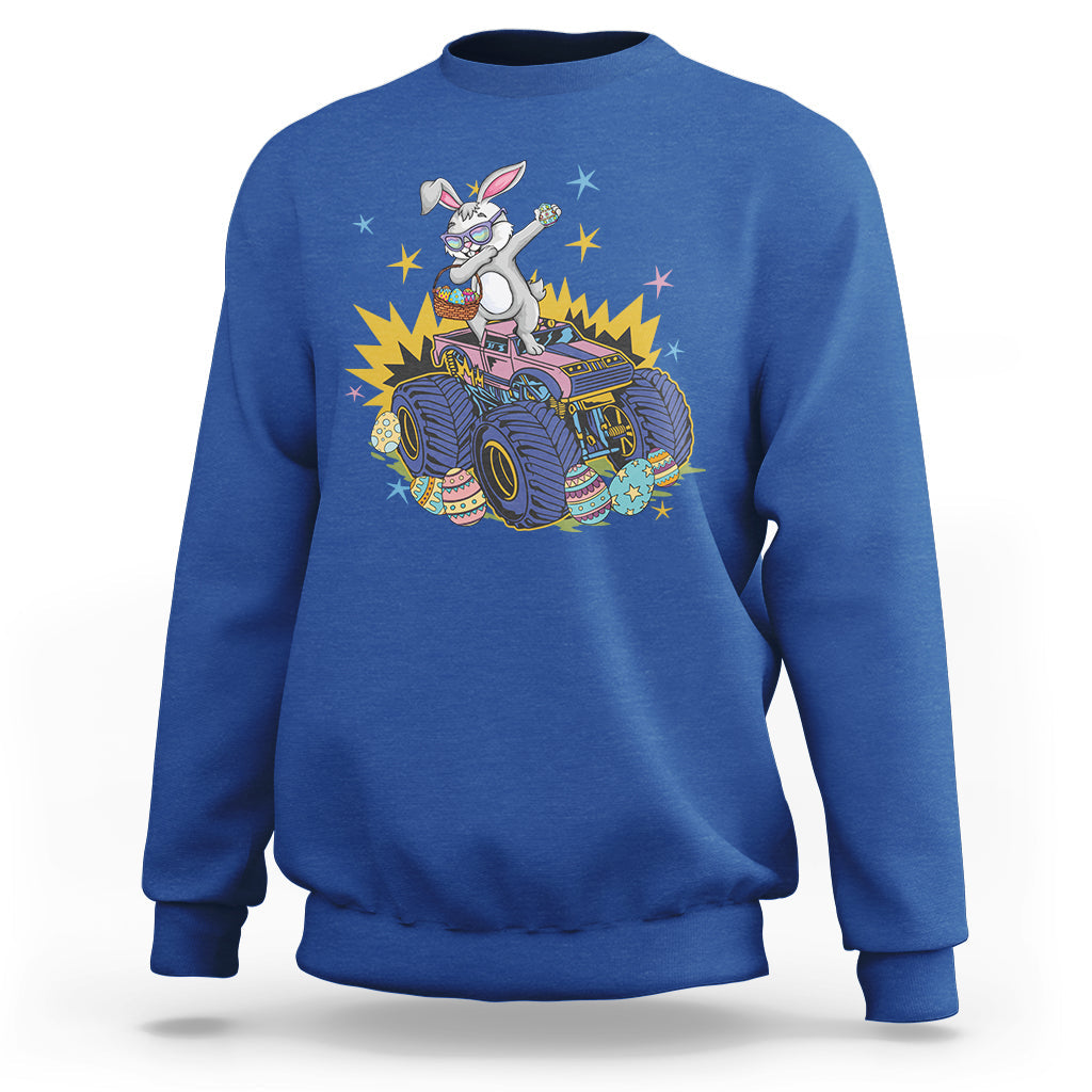 Royal blue crewneck sweatshirt with dabbing bunny riding monster truck graphic