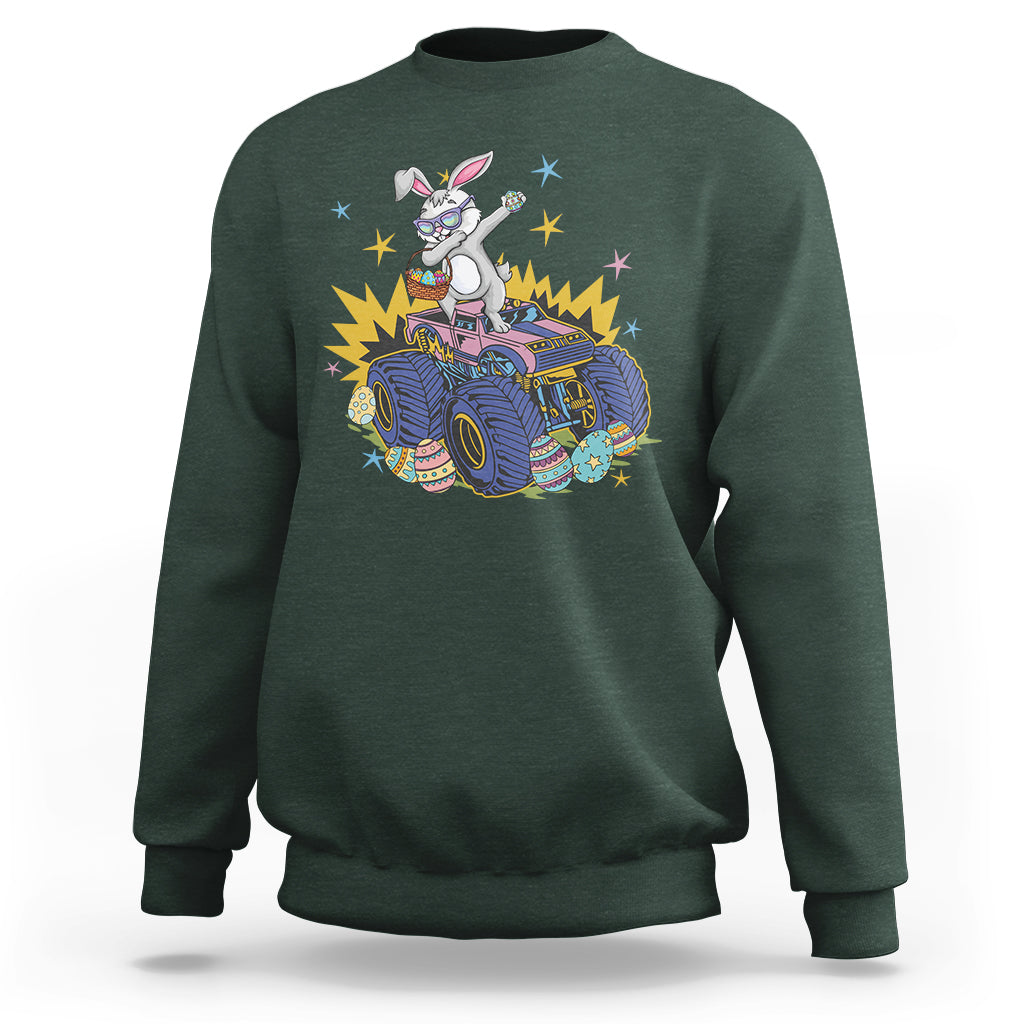 Forest green crewneck sweatshirt with dabbing bunny riding monster truck graphic