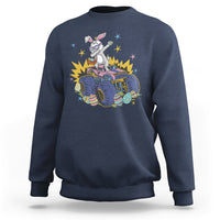 Navy crewneck sweatshirt with dabbing bunny riding monster truck graphic