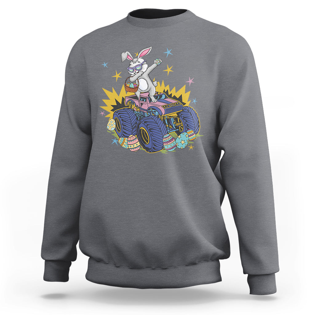 Charcoal gray crewneck sweatshirt with dabbing bunny riding monster truck graphic