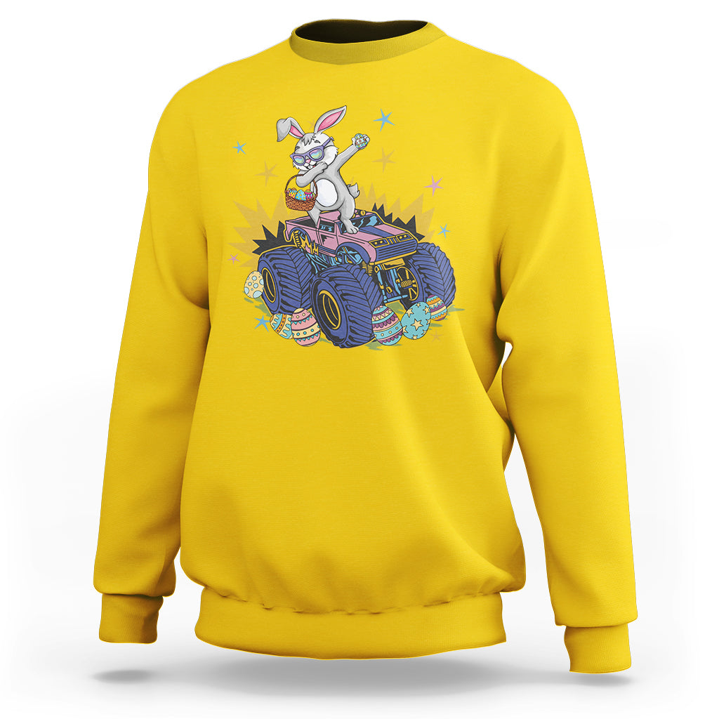 Daisy yellow crewneck sweatshirt with dabbing bunny riding monster truck graphic