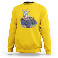 Daisy yellow crewneck sweatshirt with dabbing bunny riding monster truck graphic