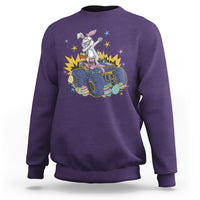 Purple crewneck sweatshirt with dabbing bunny riding monster truck graphic