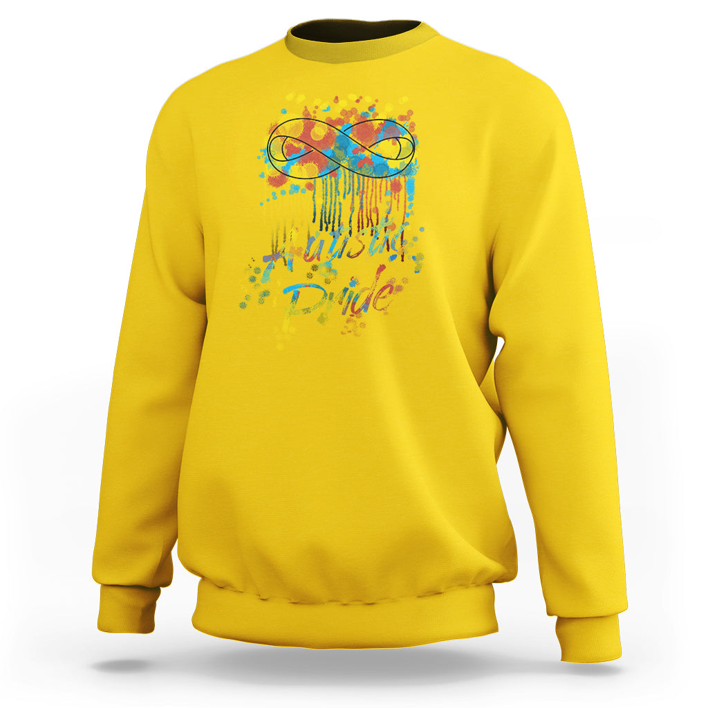 Yellow sweatshirt with colorful "Autistic Pride" graphic and glasses on back
