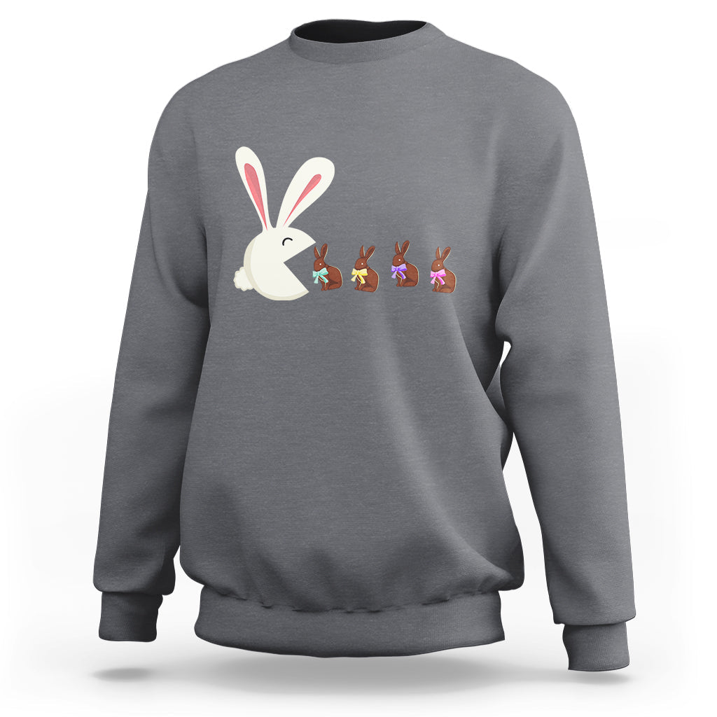 Charcoal gray Easter sweatshirt with cute bunny eating chocolate graphic on front.