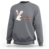 Charcoal gray Easter sweatshirt with cute bunny eating chocolate graphic on front.