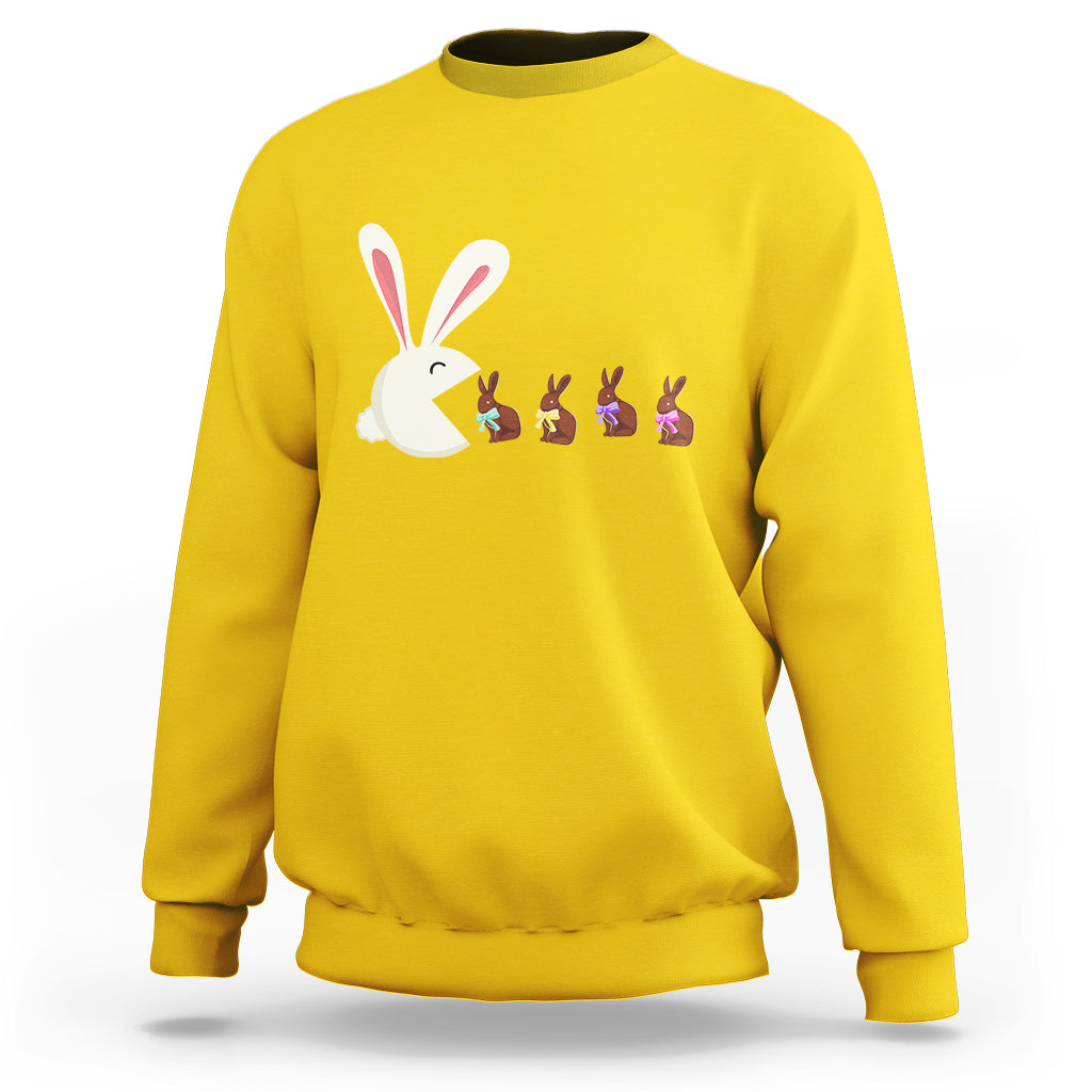 Daisy yellow Easter sweatshirt with cute bunny eating chocolate graphic on front.
