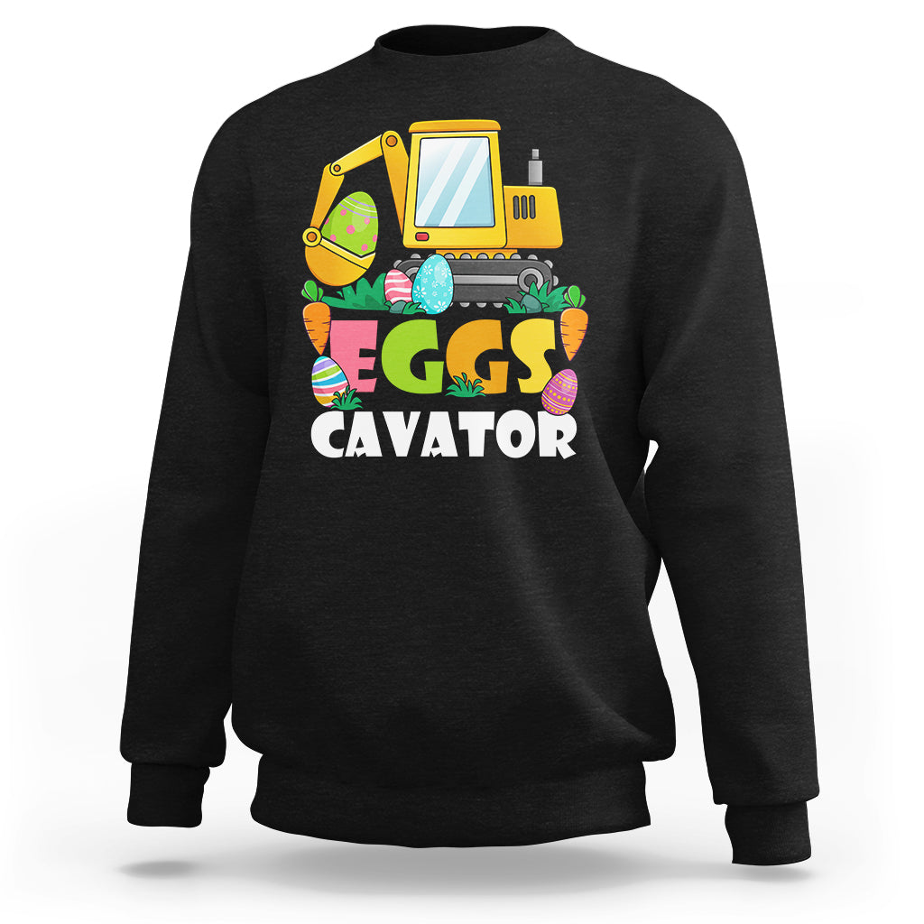 Boys' dark charcoal sweatshirt with yellow excavator and “EGGS CAVATOR” graphic