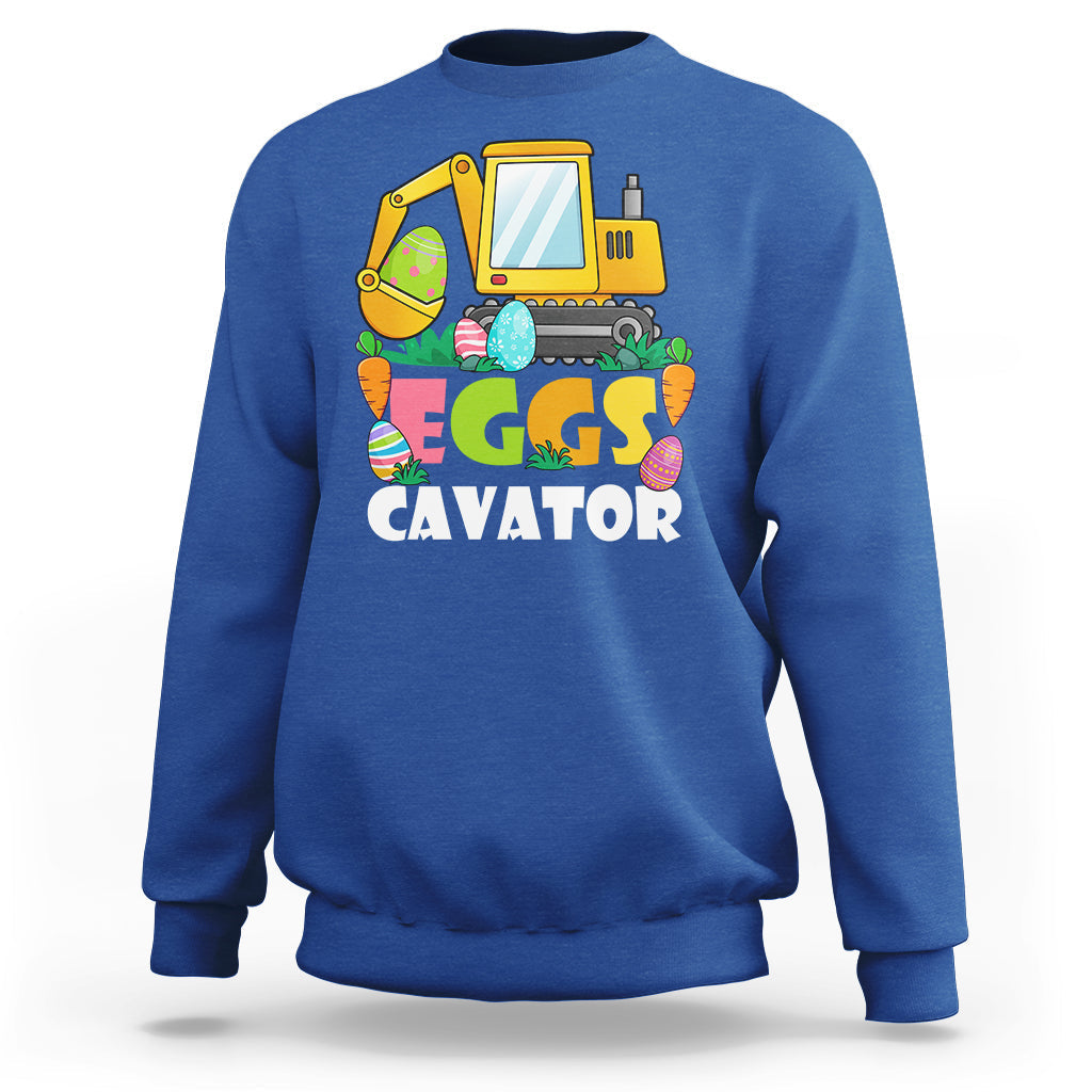 Boys' royal blue sweatshirt with yellow excavator and “EGGS CAVATOR” graphic