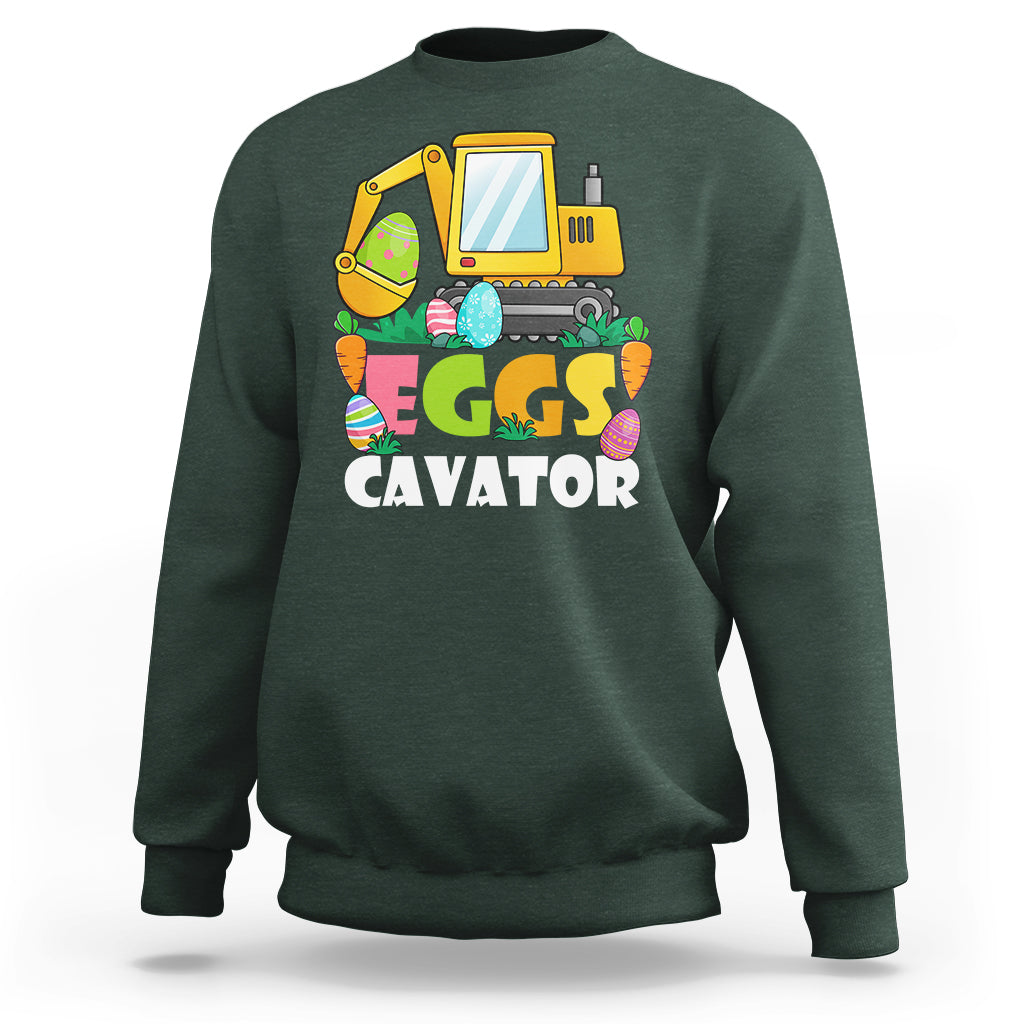 Boys' forest green sweatshirt with yellow excavator and “EGGS CAVATOR” graphic