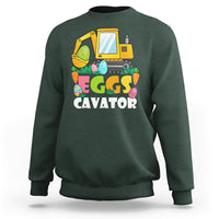 Boys' forest green sweatshirt with yellow excavator and “EGGS CAVATOR” graphic