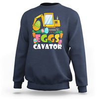 Boys' navy sweatshirt with yellow excavator and “EGGS CAVATOR” graphic