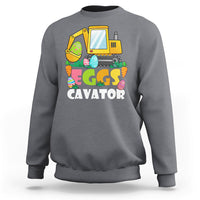 Boys' heather gray sweatshirt with yellow excavator and “EGGS CAVATOR” graphic