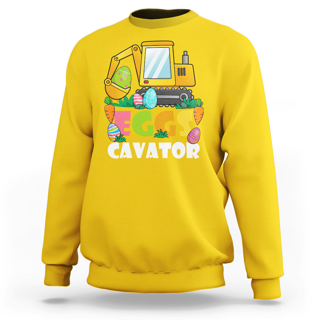 Boys' yellow sweatshirt with yellow excavator and “EGGS CAVATOR” graphic