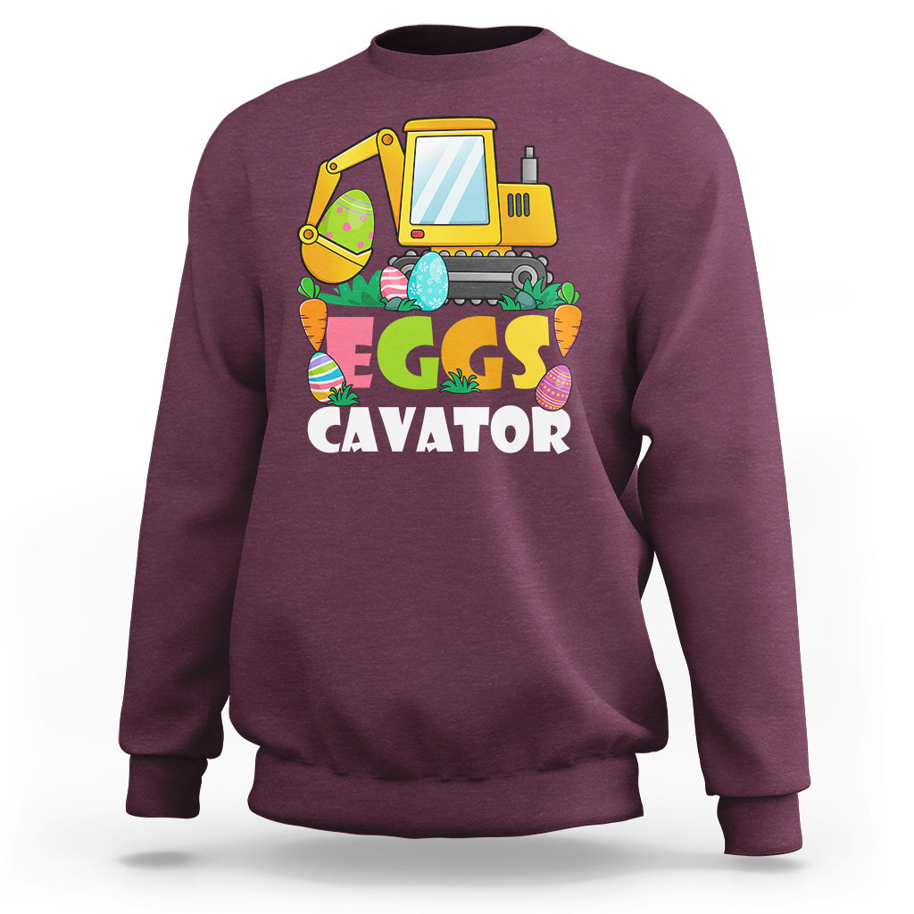 Boys' maroon sweatshirt with yellow excavator and “EGGS CAVATOR” graphic