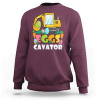 Boys' maroon sweatshirt with yellow excavator and “EGGS CAVATOR” graphic