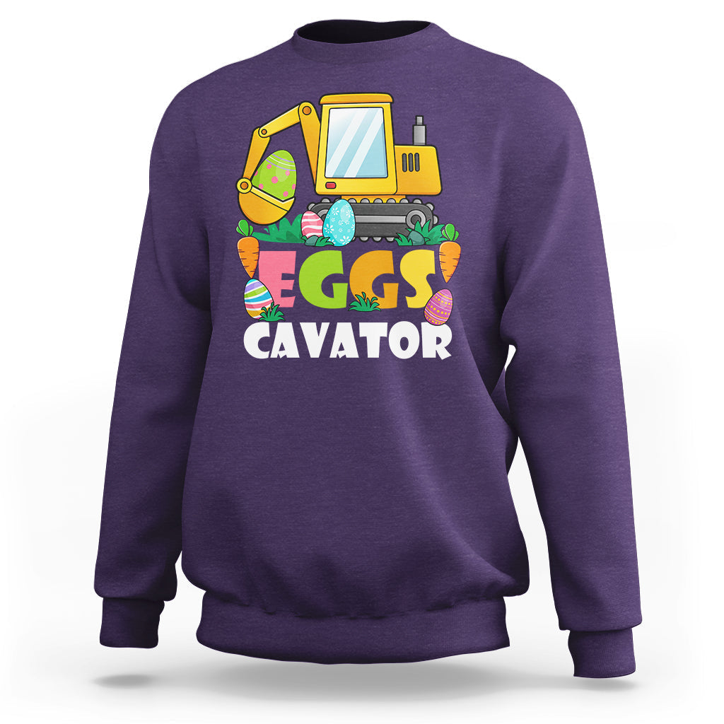 Boys' purple sweatshirt with yellow excavator and “EGGS CAVATOR” graphic