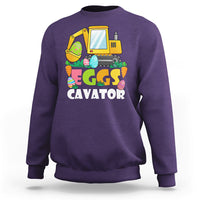 Boys' purple sweatshirt with yellow excavator and “EGGS CAVATOR” graphic