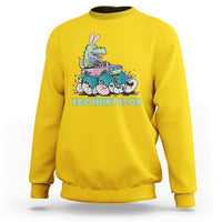 Kids' crewneck sweatshirt in yellow with Easter dinosaur-bunny graphic, 'EGG HUNT IS ON'.