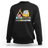 Black sweatshirt with colorful Eggscavator excavator bunny graphic on chest