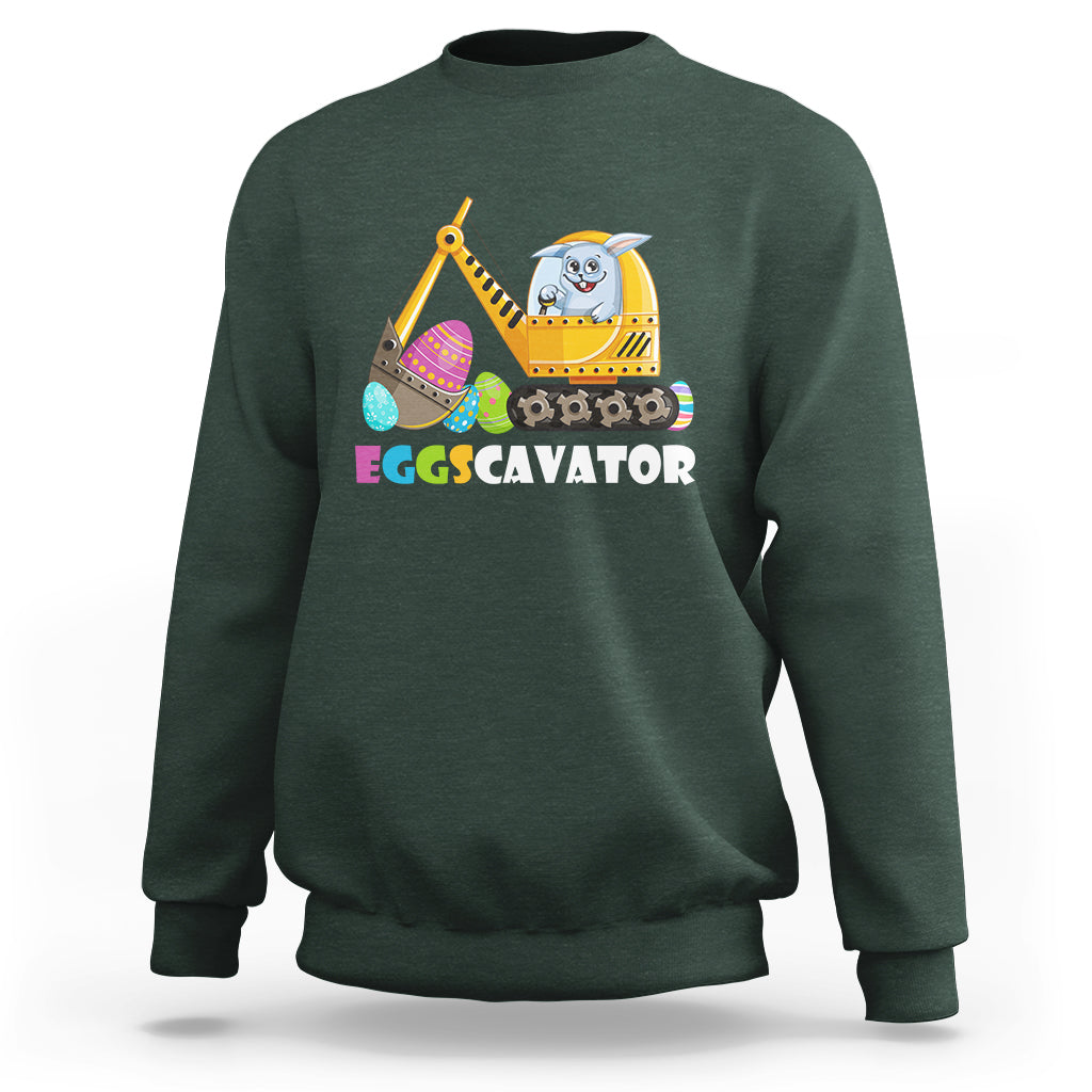Forest green sweatshirt with Eggscavator excavator bunny graphic on chest