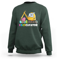 Forest green sweatshirt with Eggscavator excavator bunny graphic on chest