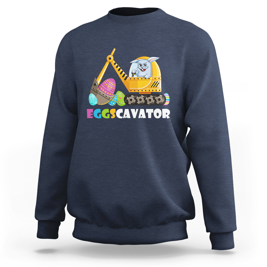 Navy sweatshirt with Eggscavator excavator bunny graphic on chest